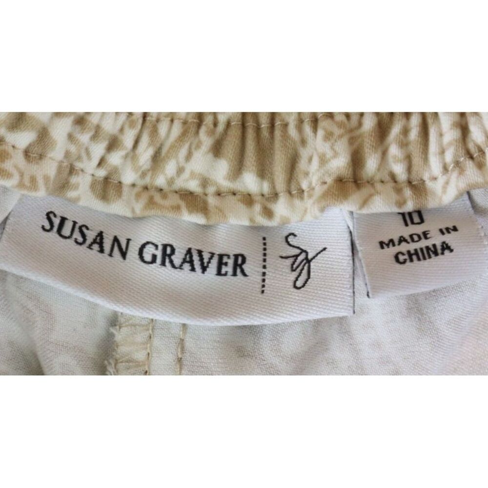 Susan Graver Pants Stretch Waist High Rise Womens 10 Beige White Paisley Pockets - Picture 6 of 7